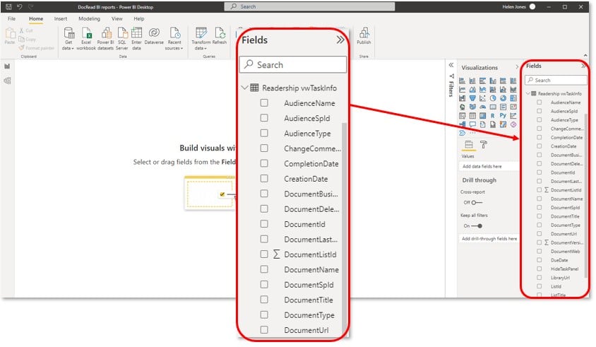 available fields for the Power BI report Image showing the available fields for the Power BI report