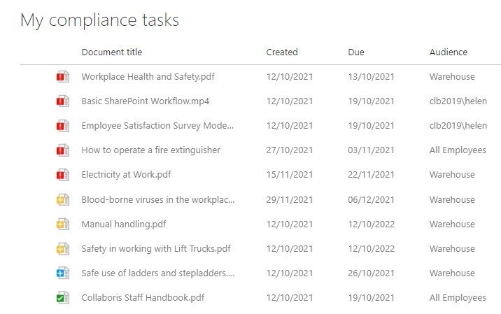 My Compliance task table in modern view