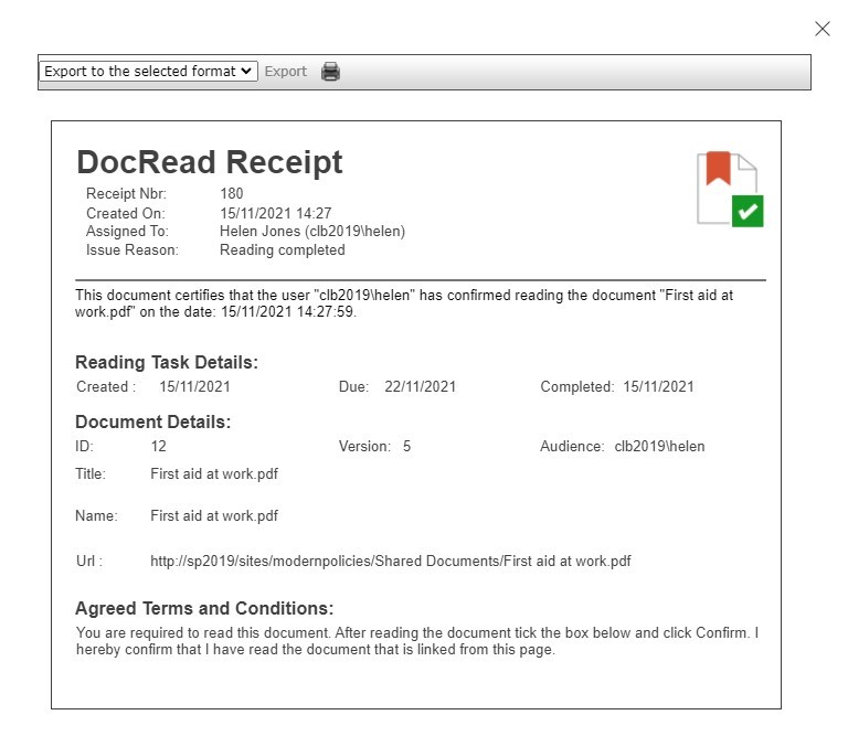 Screenshot of a DocRead reading receipt