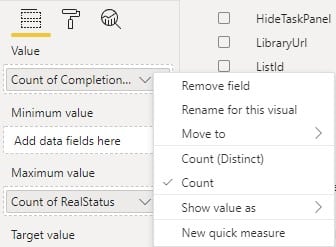 select count for both fields Image showing how to change the fields to show a count of the values