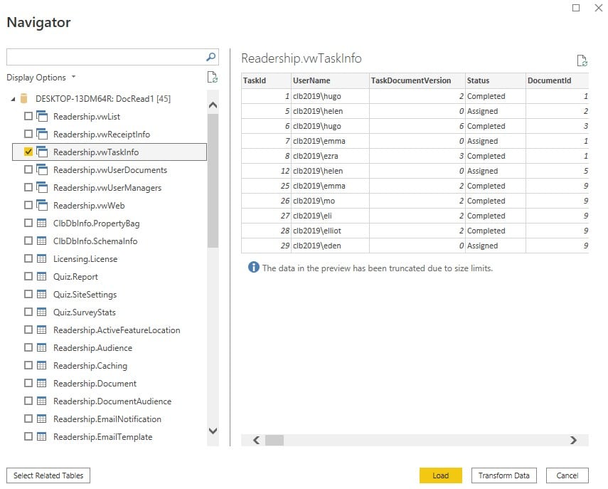 select the database view and click load Image showing a selected database view