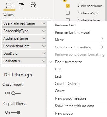 table value display options Image showing the table value display options