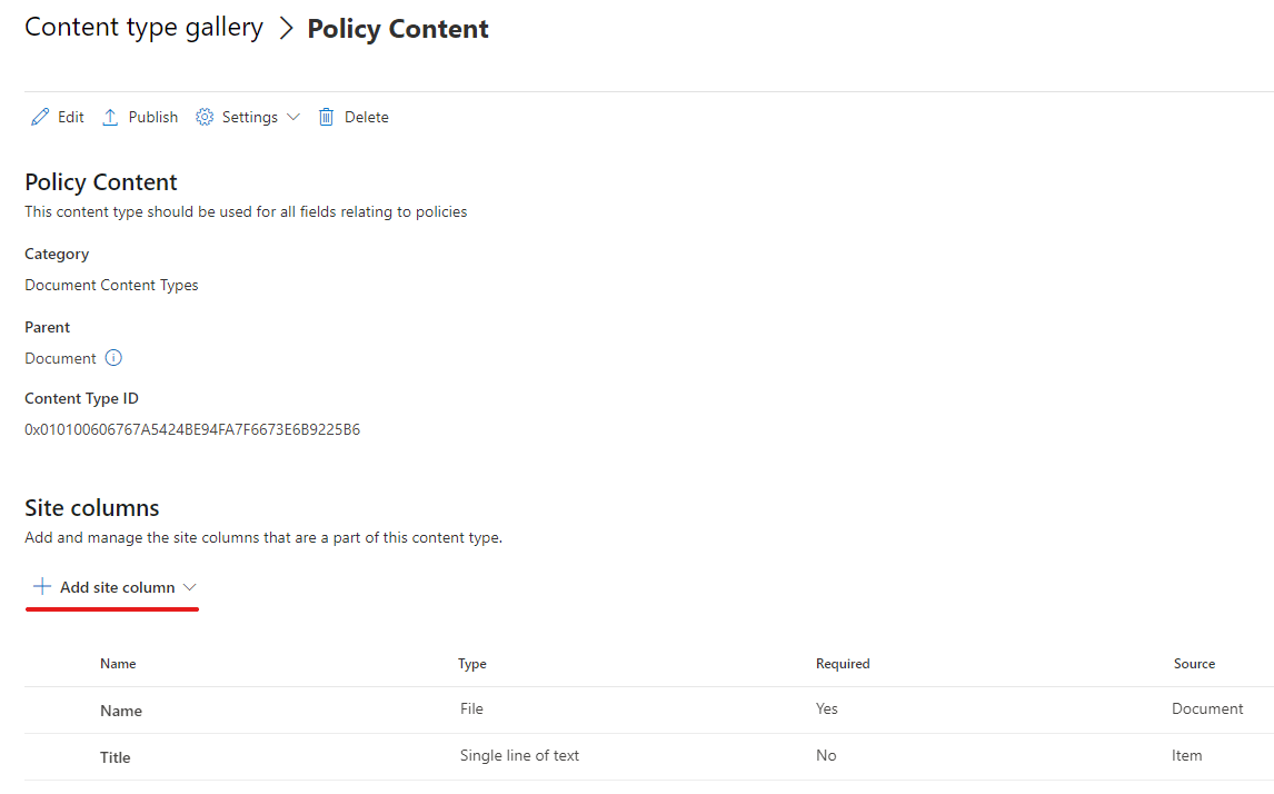 add site column image showing how to add a site column to the policy type