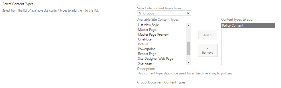 add the policy content type image showing the added policy content type