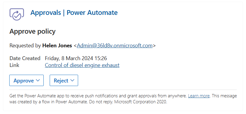 approval email image showing the email approval request