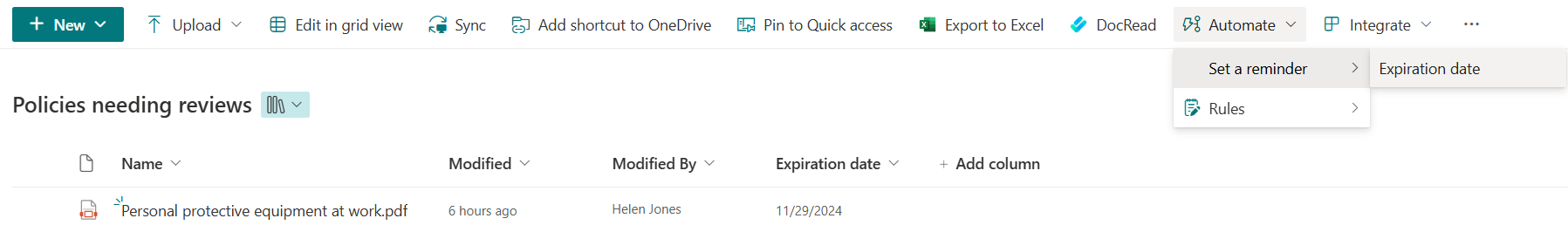 image showing the automate reminder menu option