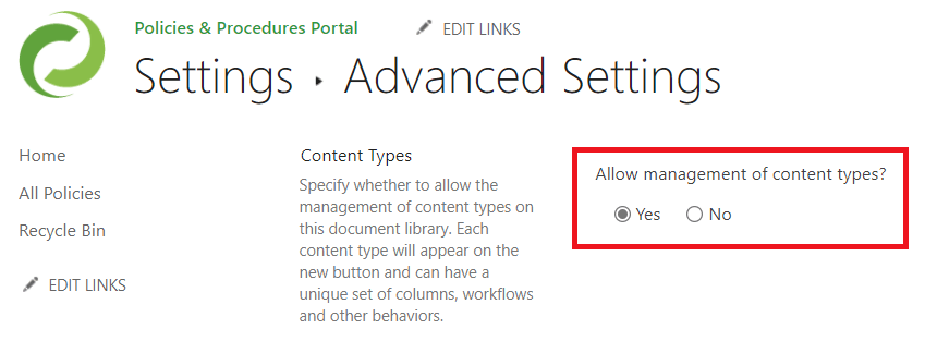 content types content type option