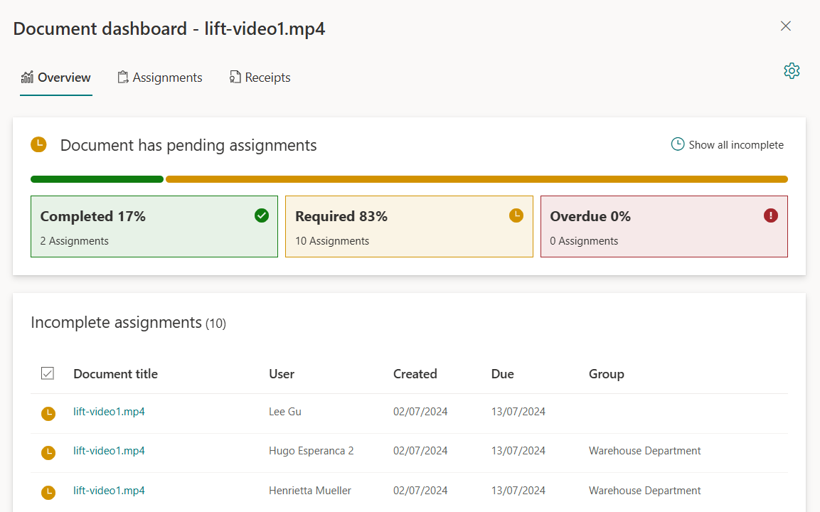 image showing the video document dashboard