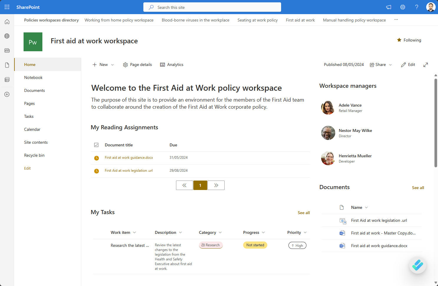 Image showing a policy workspace in SharePoint