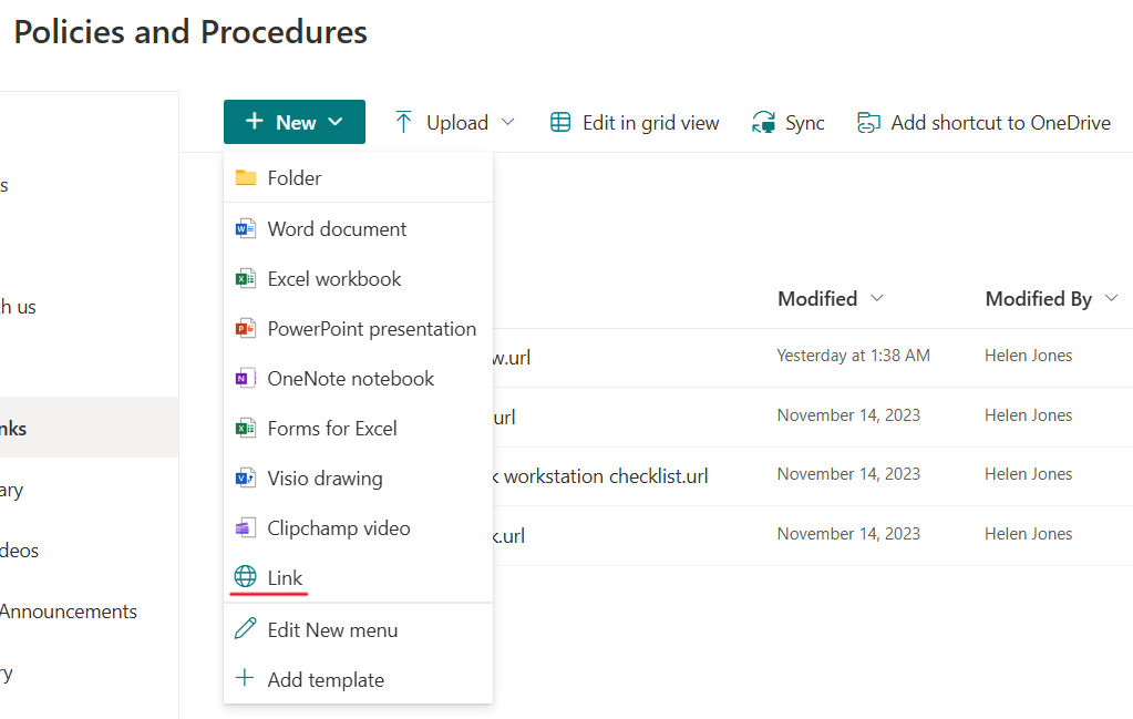 image showing the add a new link option in Office 365