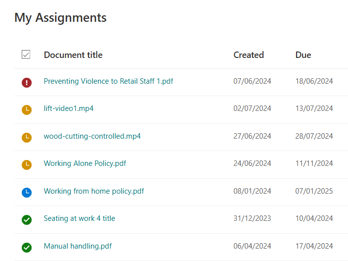 image showing a users assignment list