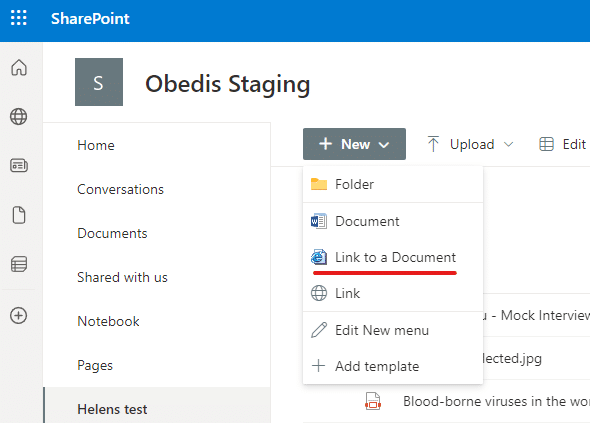 new link to a document Image showing the new link to a document option in Office365