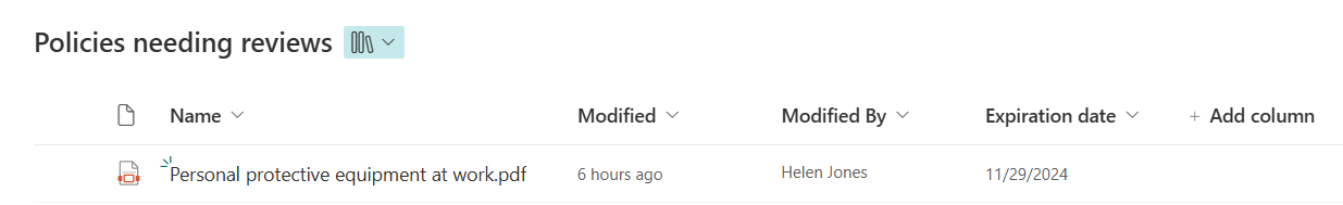 image showing the expiration date column for a SharePoint library