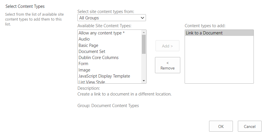 select link to a document select content types