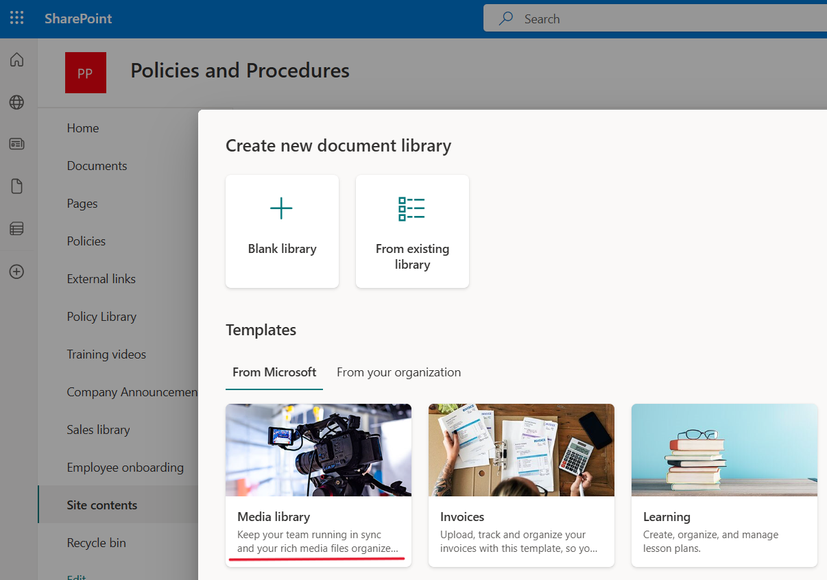 image showing the media library option