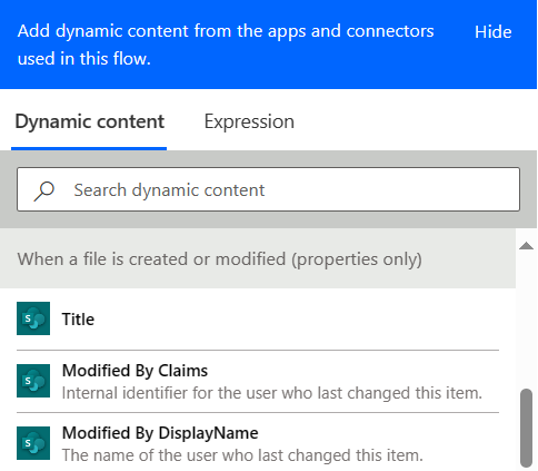 select title from when a file is created or modified image showing you how to add dynamic content to the email