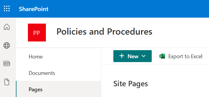 image showing the new site page button